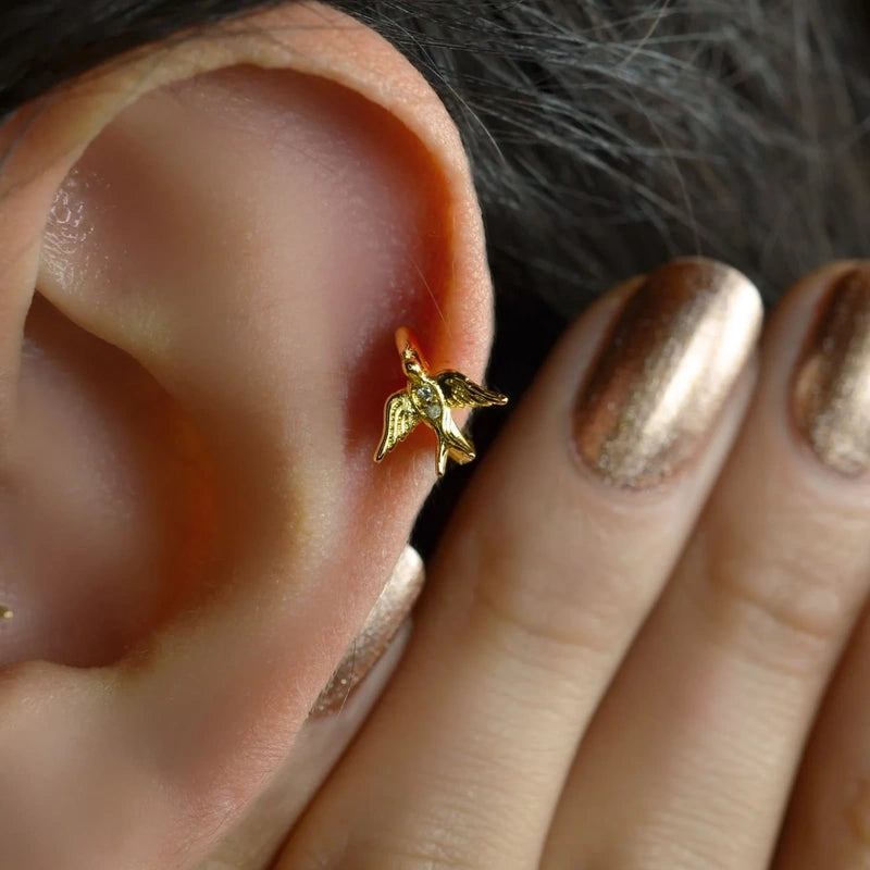 Gold Swallow Cartilage Earring for Helix & Tragus, Single