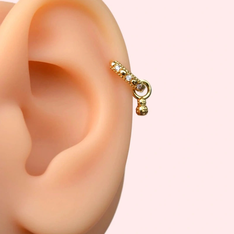 Zircon Ball Dangle Cartilage Earring for Helix & Tragus in Gold or Silver, Single