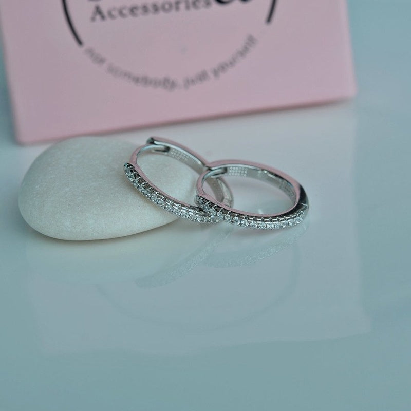 14mm Silver Zircon Huggie Hoop Earrings, Pair