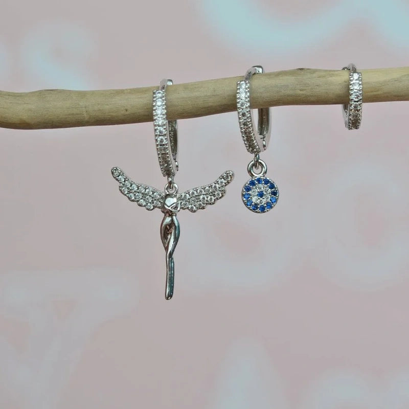 Silver Angel and Evil Eye Earring Set of 3