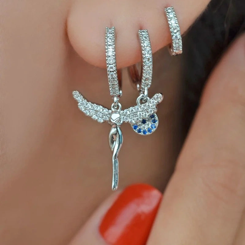 Angel and Evil Eye Earring Set, Silver, Set of 3