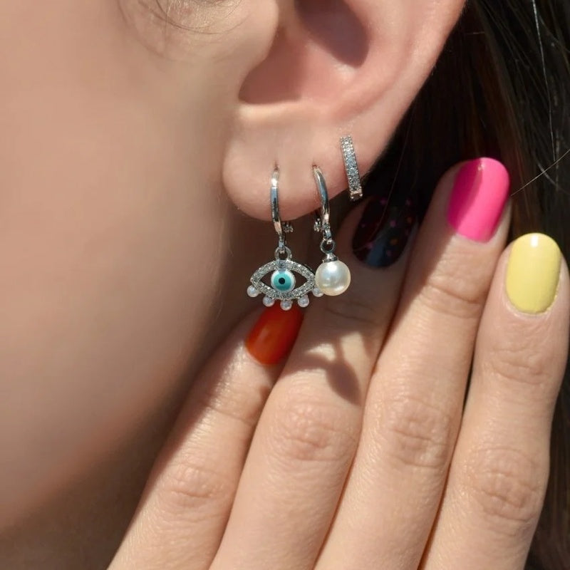 Silver Evil Eye Earring Set of 3, Dangle and Stud Earrings