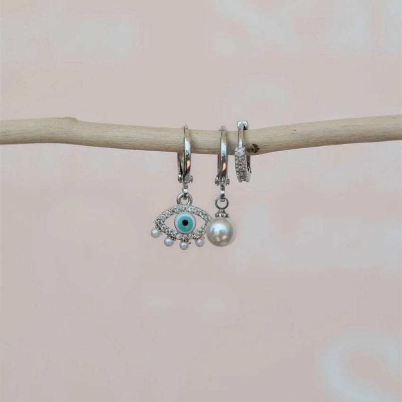 Evil Eye 3 Dangle Stud Earring Set, Silver, Set of 3