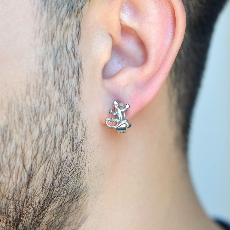 Silver Lizard Men's Huggie Hoop Earring, Vintage Style, Single