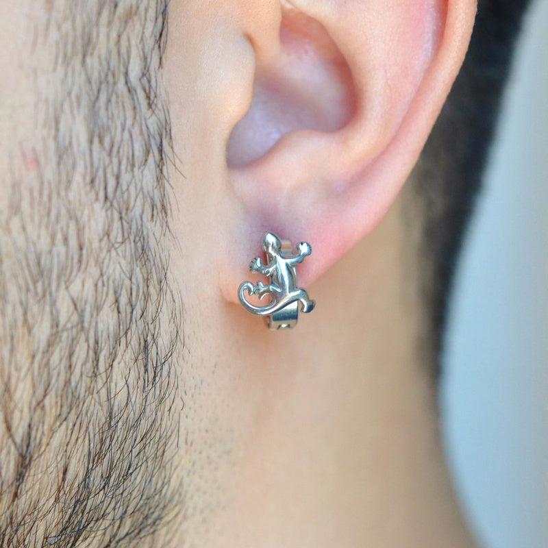 Lizard Vintage Men's Hoop Earring, 8mm, Silver, Stainless Steel, Single
