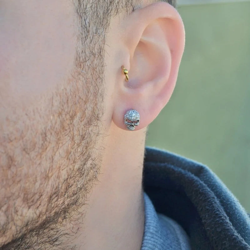Skull Men's Huggie Hoop Earring, Stainless Steel, Pair