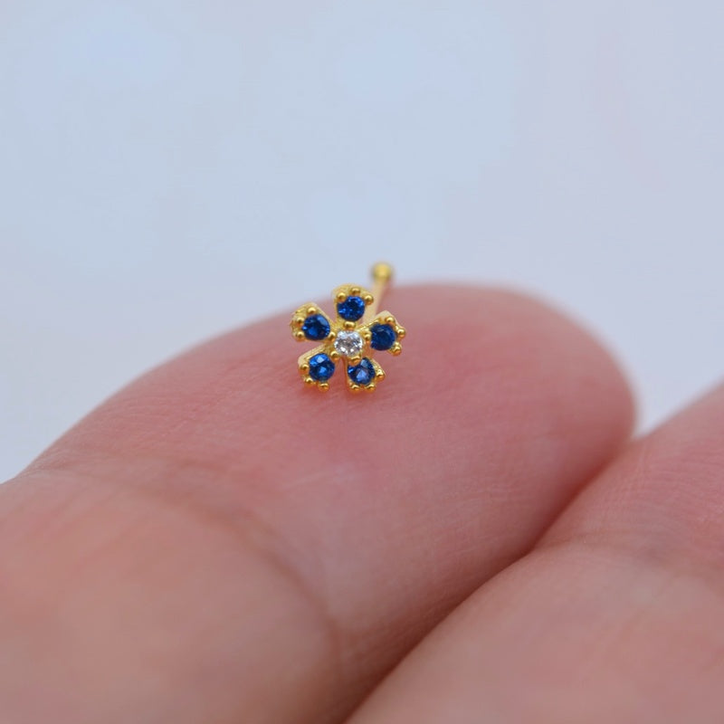 Flower Nose Stud, 0.7mm x 8mm, Gold or Silver, Single