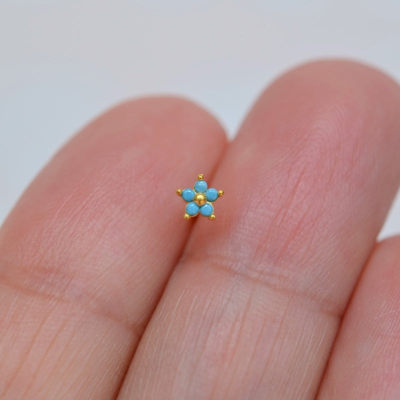 Turquoise Flower Nose Stud, 0.7mm x 8mm, Gold or Silver, Single