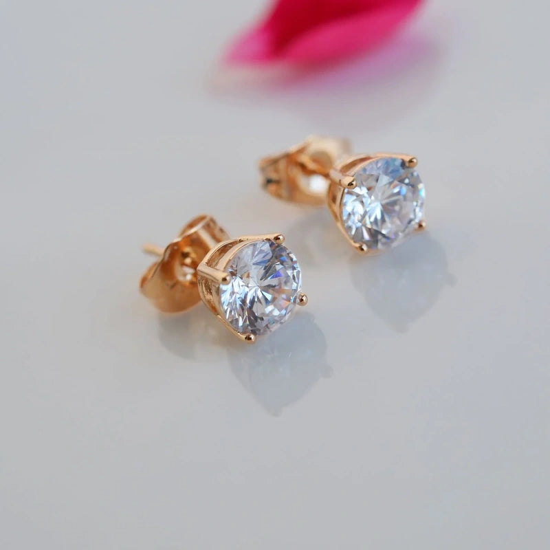 Zircon Solitaire Stud Earring, Gold or Silver Plated, Pair
