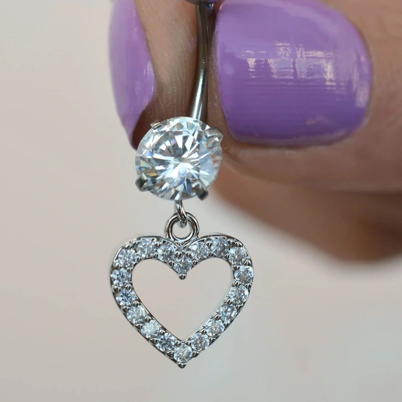 Dangle Heart Belly Button Ring, 316L Steel Navel Bar, Single