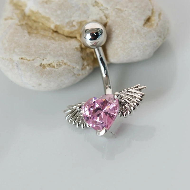 Pink Heart Angel Wing Belly Button Ring, 316L Steel Navel Bar, Single