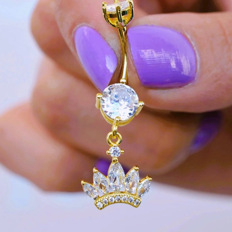 Dangle Zircon Belly Button Ring in Gold or Silver, 316L Steel Navel Bar, Single