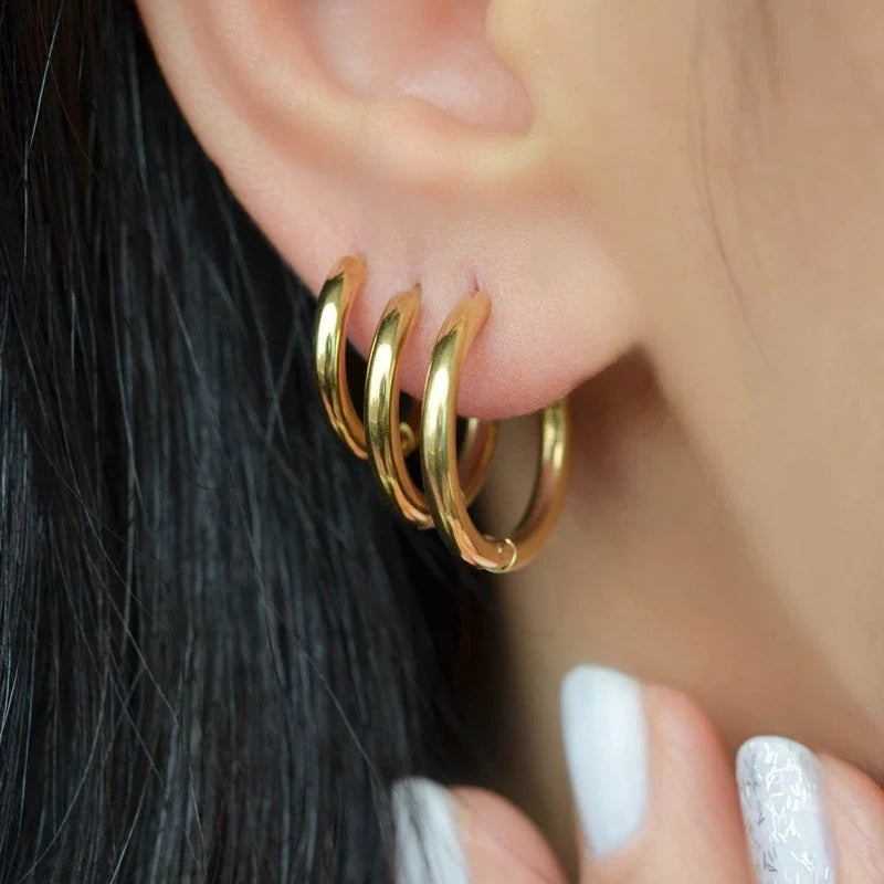 12mm Hoop Earring Set in Gold or Silver, Stainless Steel, Set of 3