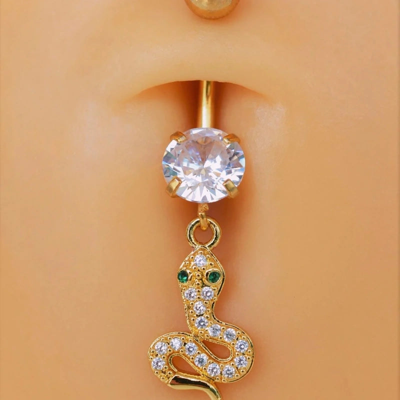 Snake Belly Button Ring in Gold or Silver, 316L Steel Navel Bar, Single