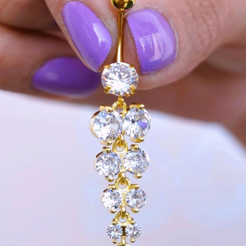 Zircon Solitaire Belly Button Ring in Gold or Silver, 316L Steel Navel Bar, Single