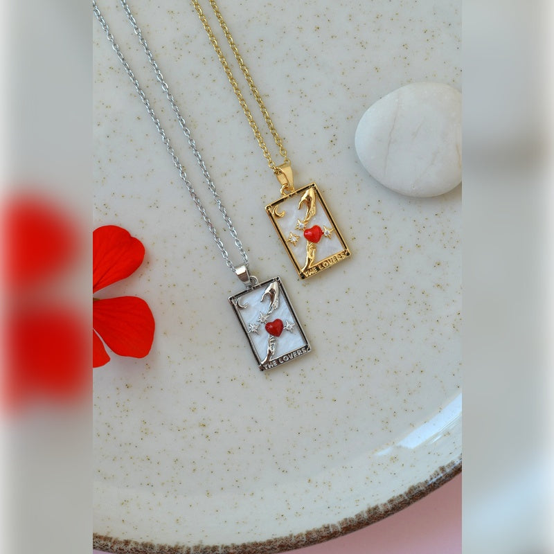 Tarot Lovers Pendant Necklace in Gold or Silver, Minimal Chain, Single