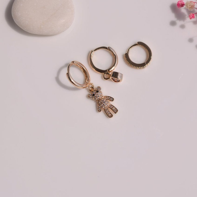 Teddy Bear and Heart Earring Set, 8mm, 10mm & 11mm, Gold or Silver, Set of 3