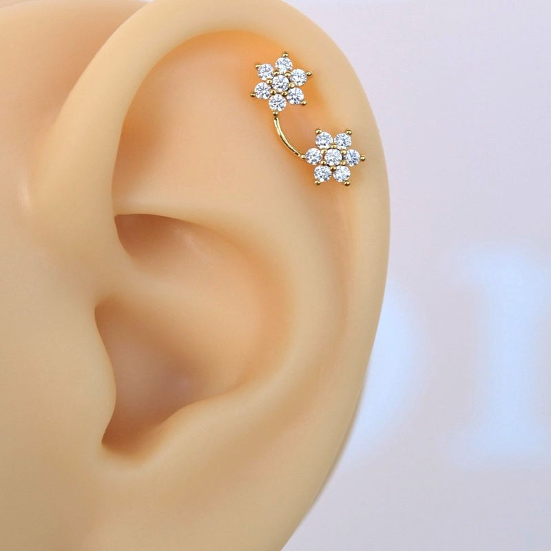 Double Flower Piercing Stud, 18G, 7mm, Gold or Silver, Single