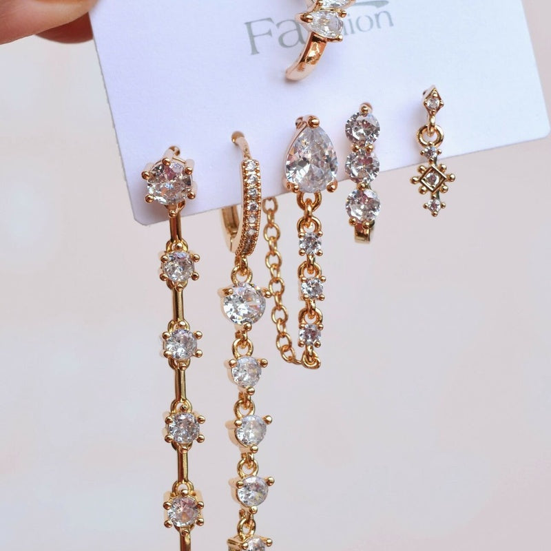 Zircon Earring Set of 6 in Gold or Silver, Hoop and Dangle Earrings