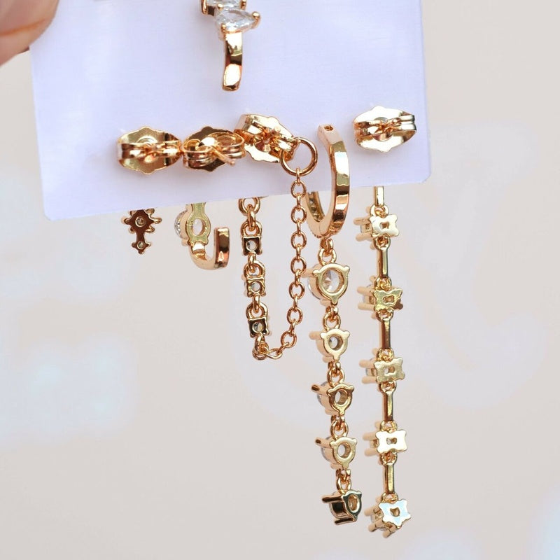 Zircon Earring Set of 6 in Gold or Silver, Hoop and Dangle Earrings