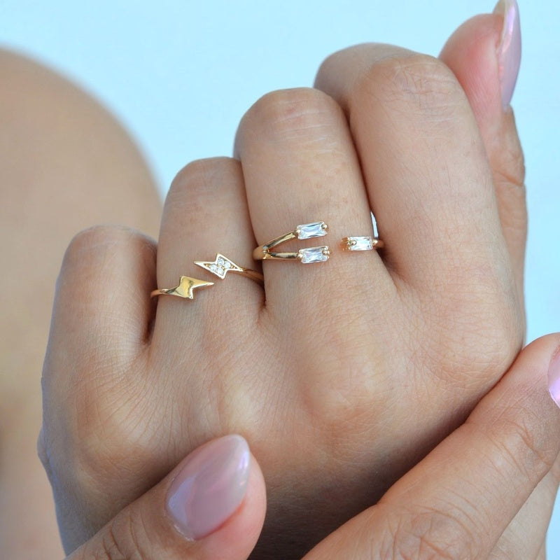 Lightning and Baguette Adjustable Ring Set of 2, Gold or Silver