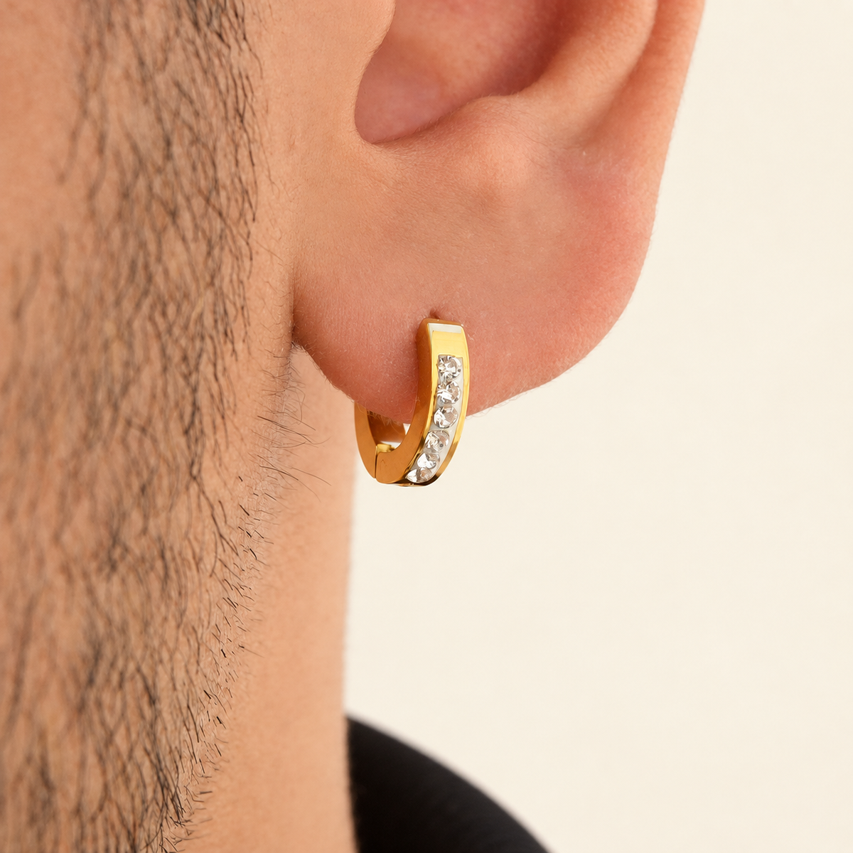 Stone Men's Hoop Earring, Gold or Silver, Stainless Steel, Single