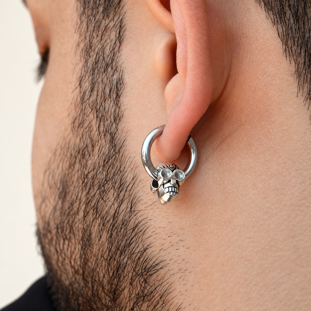 Skull Men's Hoop Earring, 12mm, Silver, Single