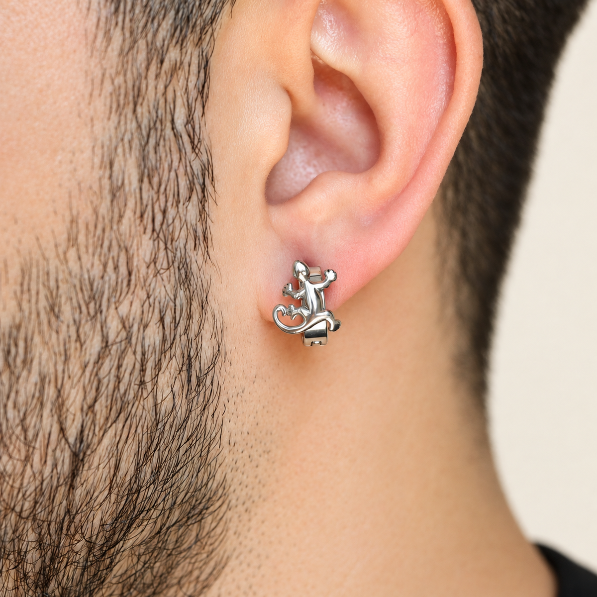 Lizard Vintage Men's Hoop Earring, 8mm, Silver, Stainless Steel, Single