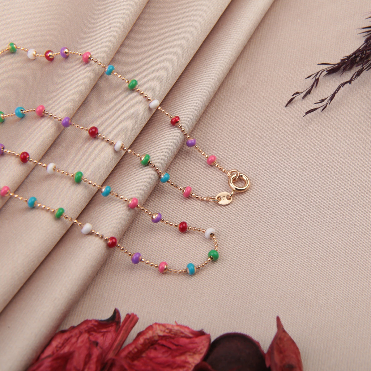 Multicolour Beaded Chain Necklace, 45cm, Gold, Single