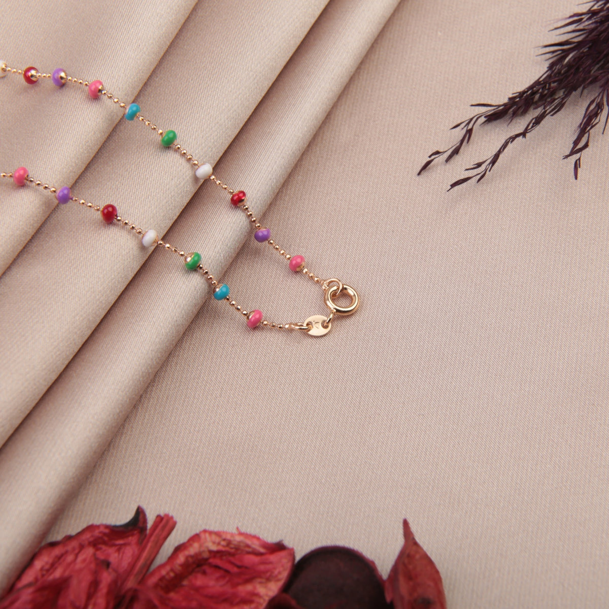 Multicolour Beaded Chain Necklace, 45cm, Gold, Single
