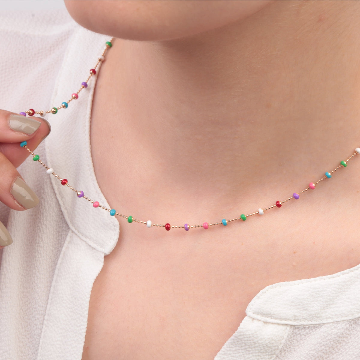 Multicolour Beaded Chain Necklace, 45cm, Gold, Single