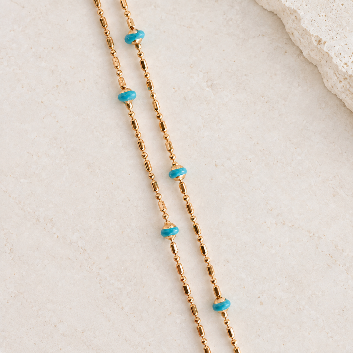 Blue Beaded Chain Necklace, 45cm, Gold, Single