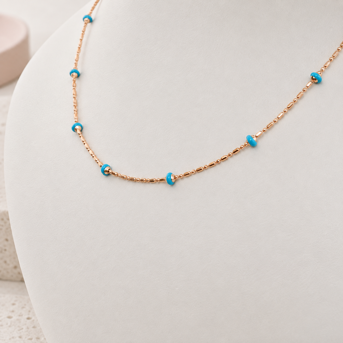 Blue Beaded Chain Necklace, 45cm, Gold, Single