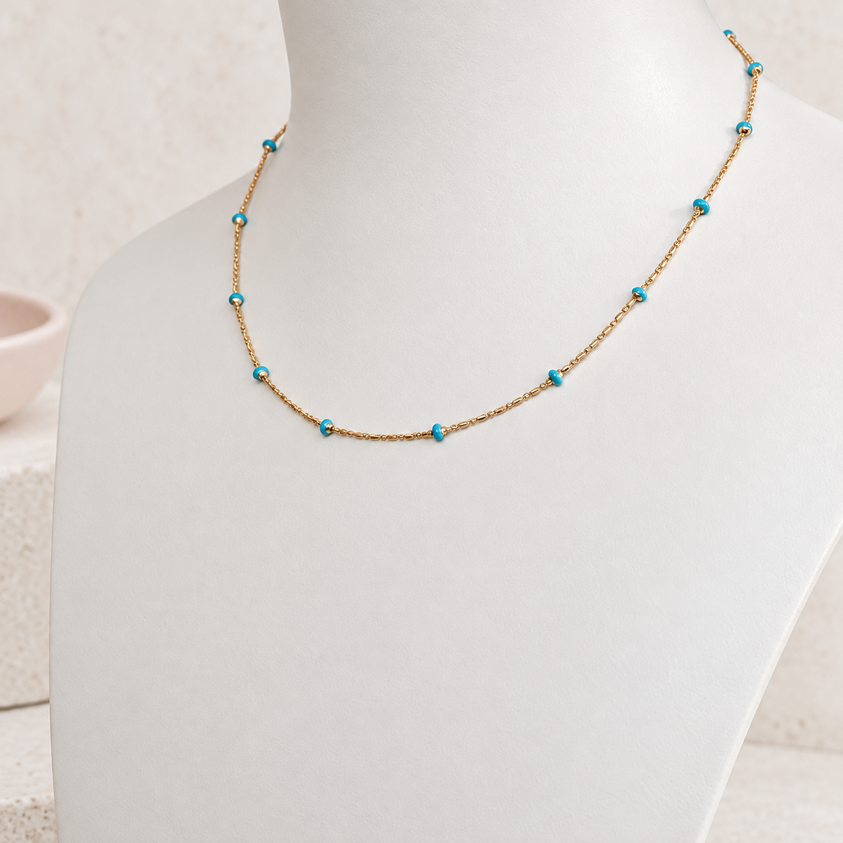 Blue Beaded Chain Necklace, 45cm, Gold, Single