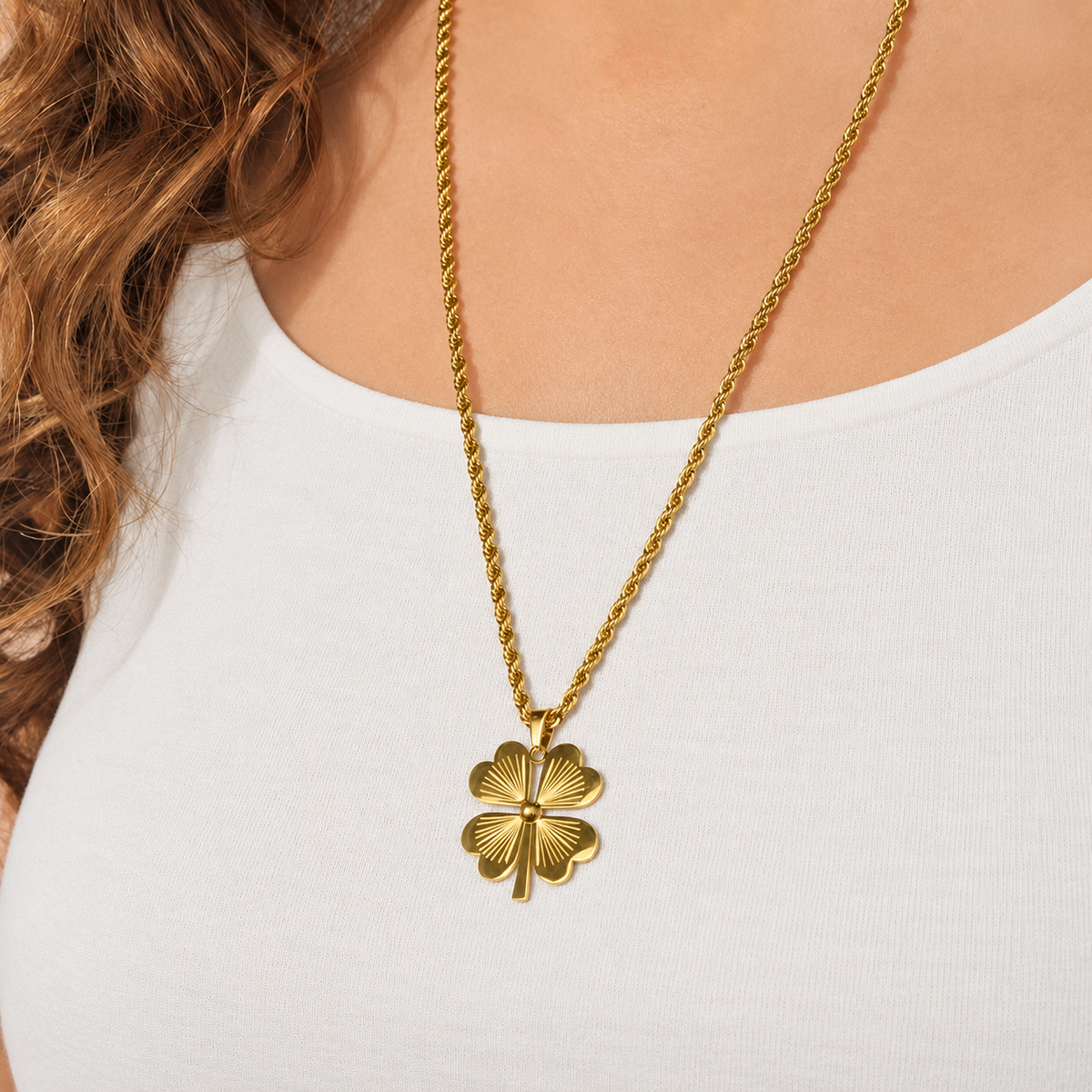 Four-Leaf Clover Pendant Necklace, 60cm, Gold, Single