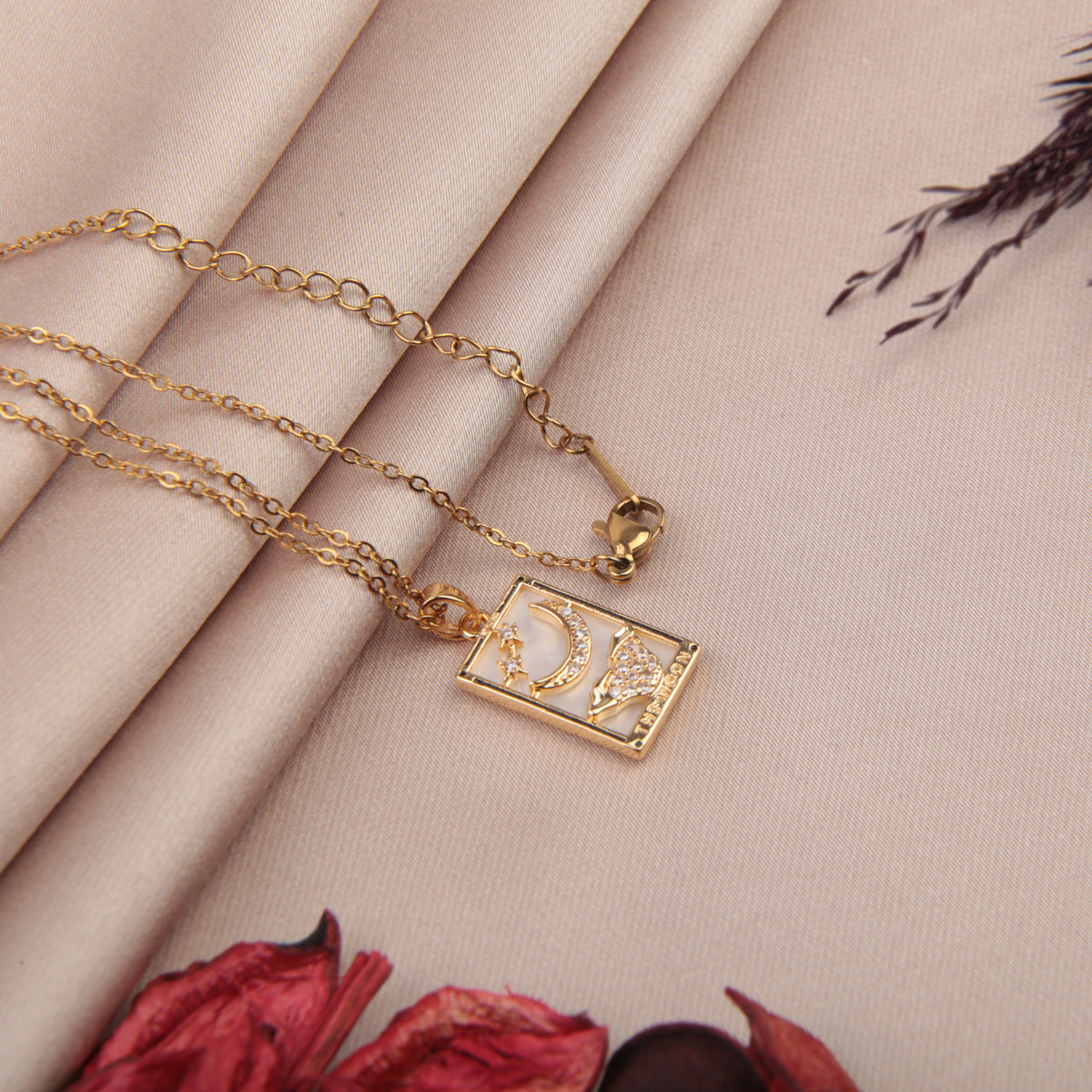 Gold moon tarot pendant necklace chain and clasp detail