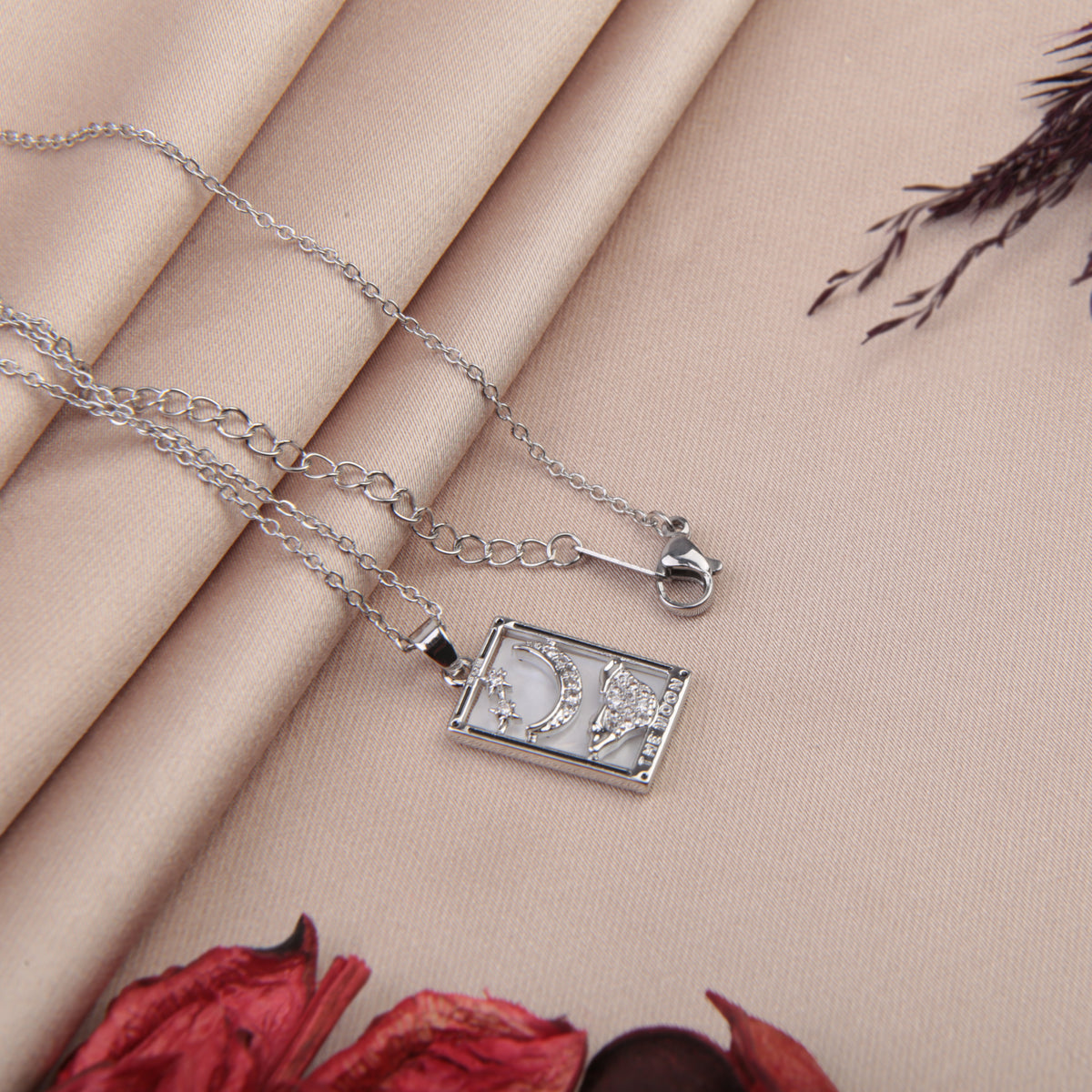 Silver moon tarot pendant necklace chain and clasp detail