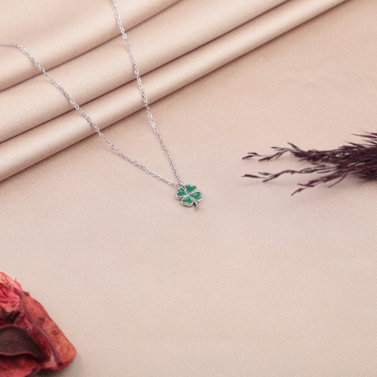 Silver green four-leaf clover pendant necklace
