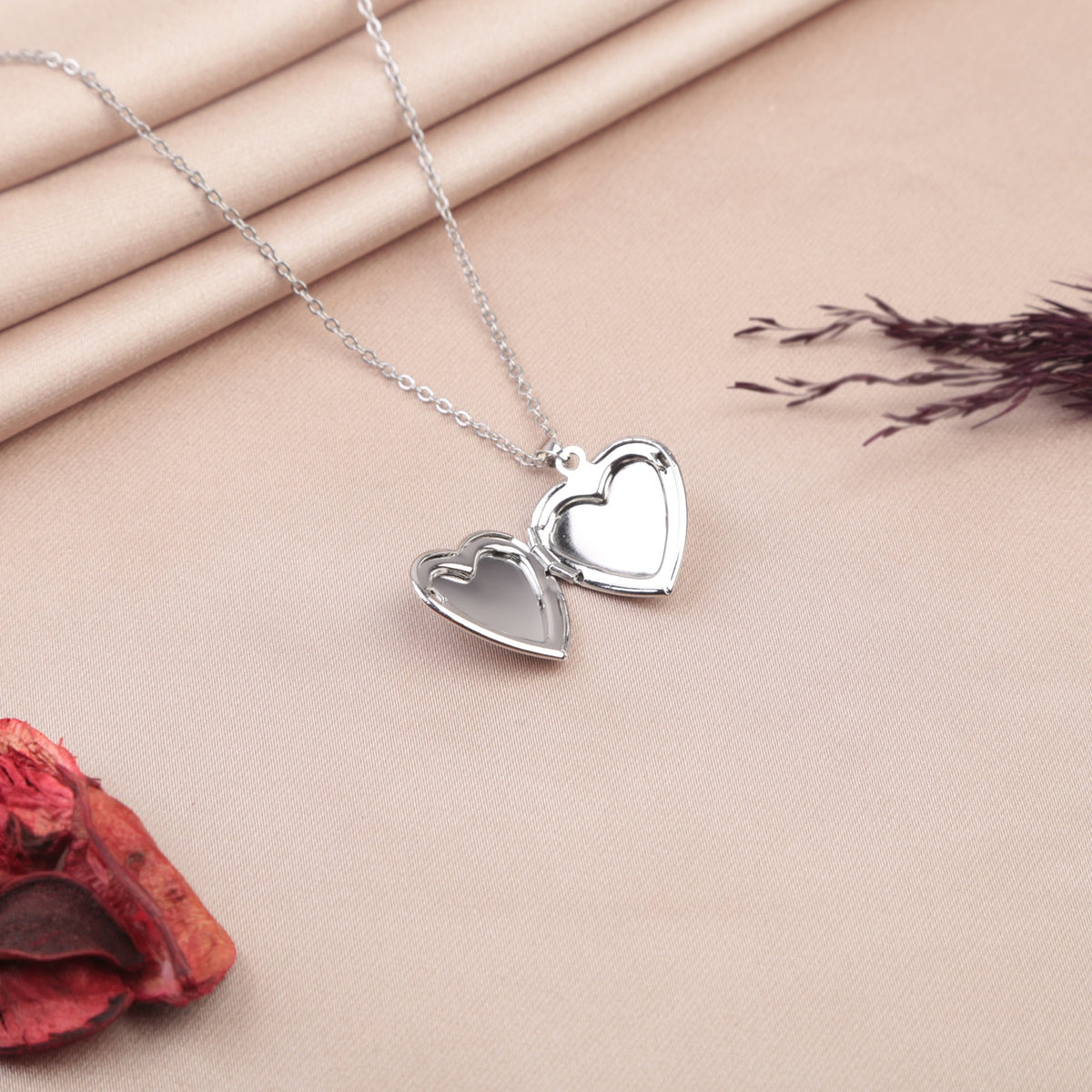 Silver heart photo locket necklace opened
