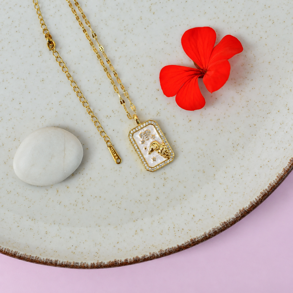 Gold Aries zodiac pendant necklace - ram design detail