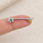 Flower and Bee Nipple Barbell, 1.4mm x 15mm, Silver, Single