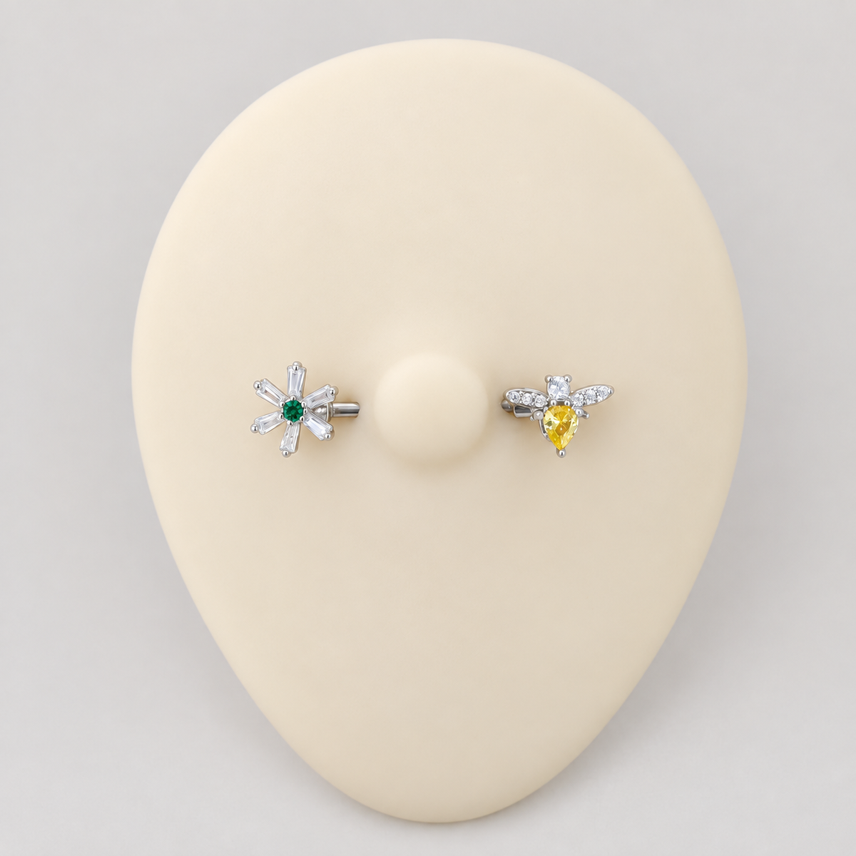 Flower and Bee Nipple Barbell, 1.4mm x 15mm, Silver, Single