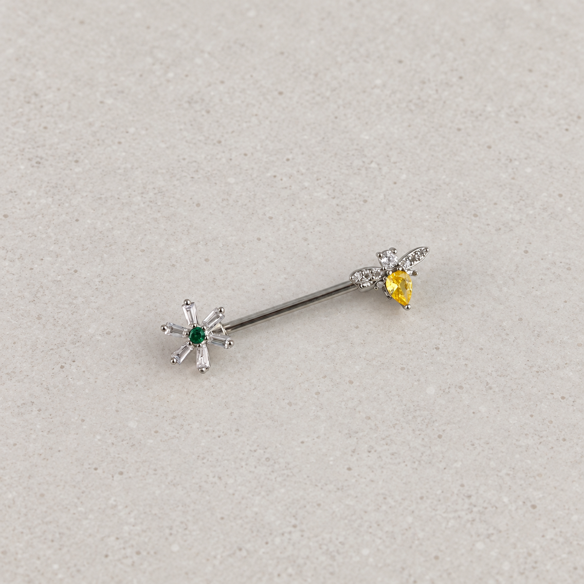 Flower and Bee Nipple Barbell, 1.4mm x 15mm, Silver, Single