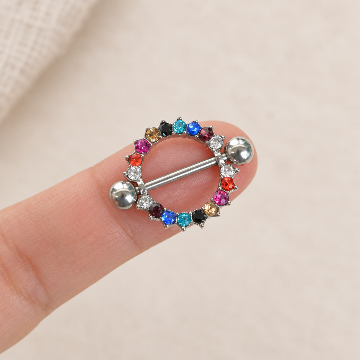 Multicolour Zircon Ring Nipple Barbell, 16mm, Silver, Single