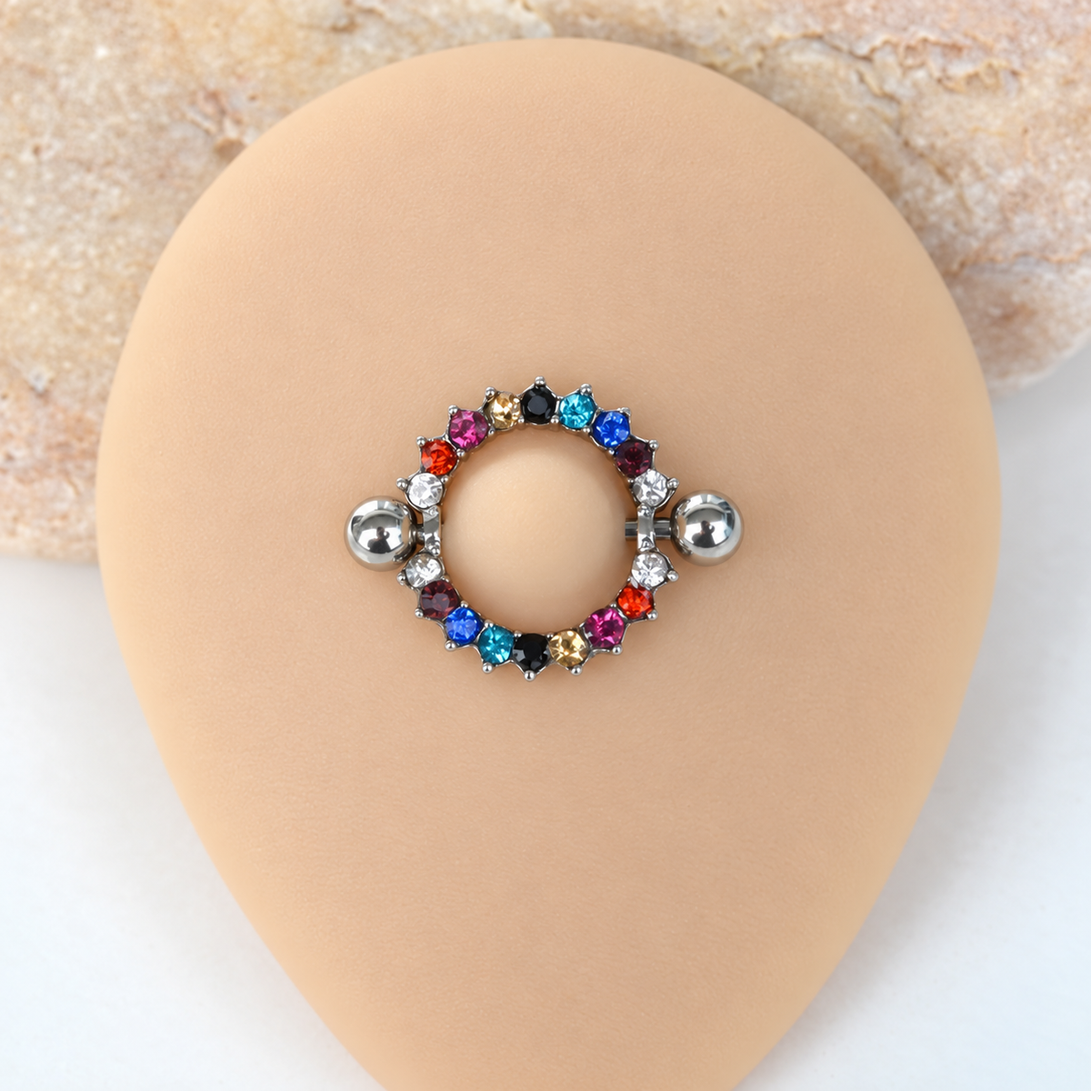 Multicolour Zircon Ring Nipple Barbell, 16mm, Silver, Single