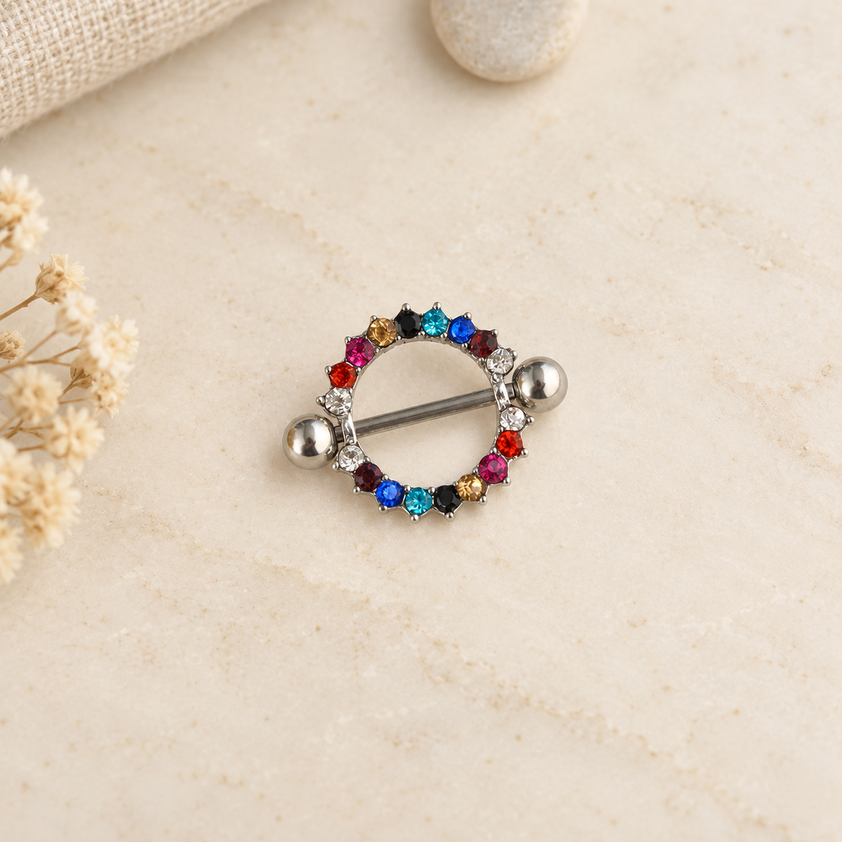 Multicolour Zircon Ring Nipple Barbell, 16mm, Silver, Single