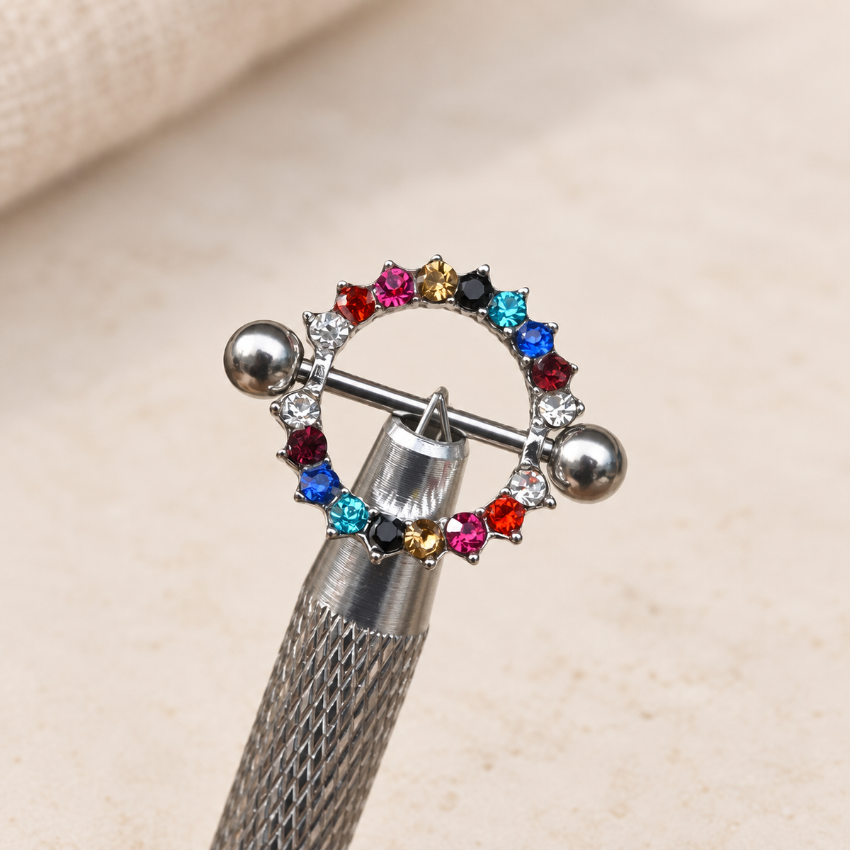 Multicolour Zircon Ring Nipple Barbell, 16mm, Silver, Single
