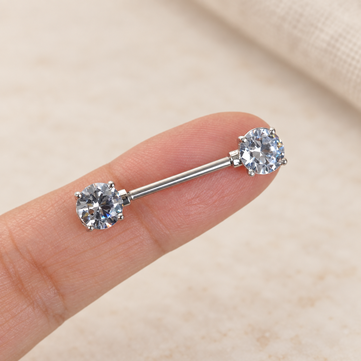 Double Solitaire Zircon Nipple Barbell, 16mm, Silver, Single