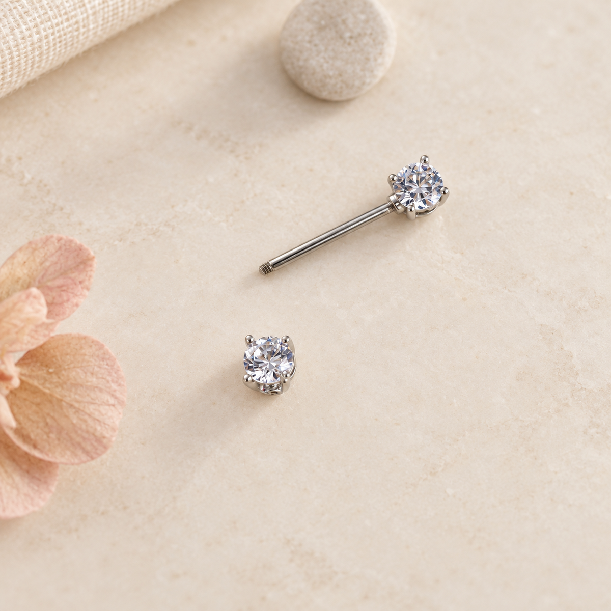 Double Solitaire Zircon Nipple Barbell, 16mm, Silver, Single