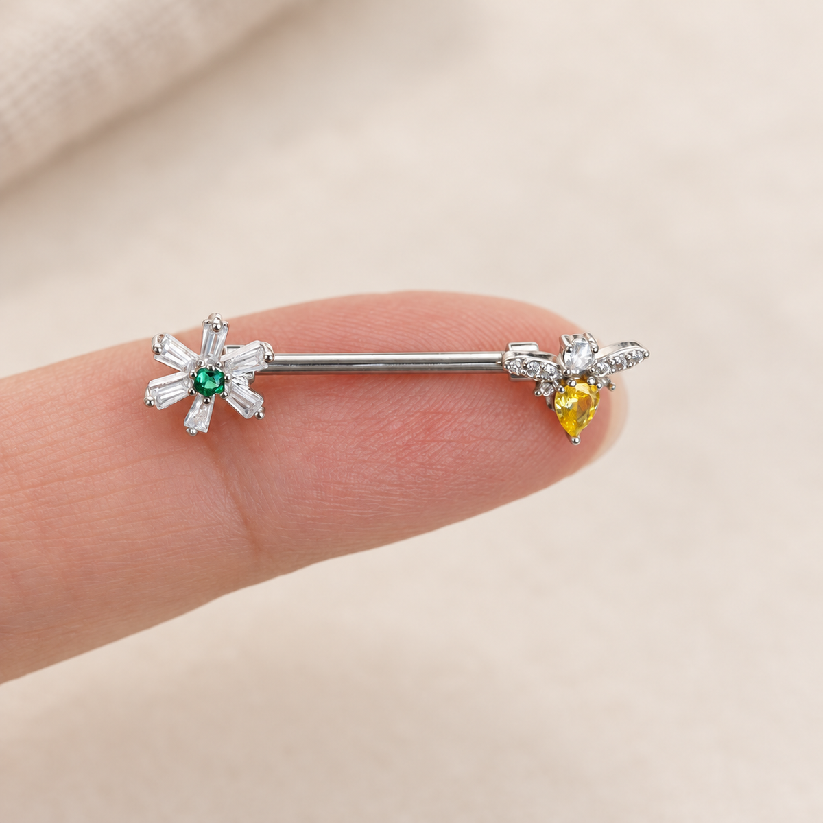 Flower or Bee Nipple Barbell, 1.4mm x 15mm, Silver, Single